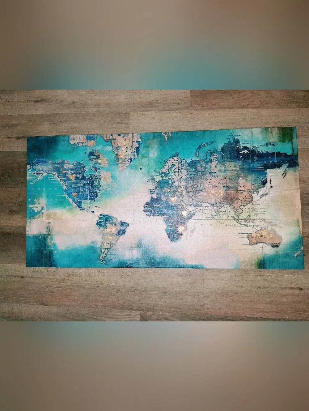 Teal & Gold Abstract World Map Canvas